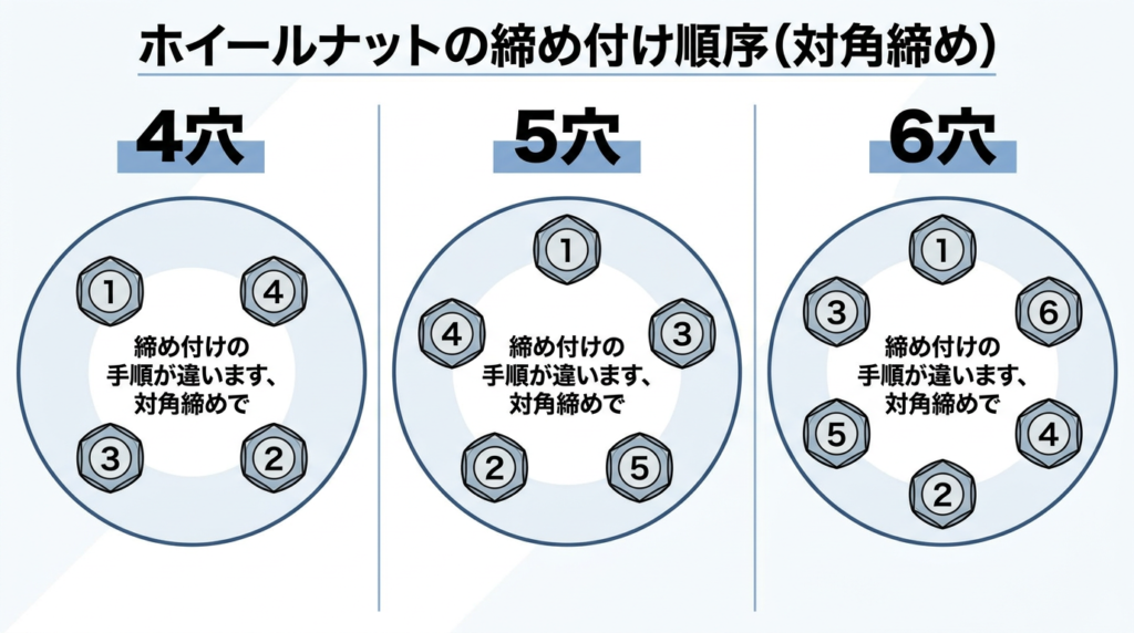 ホイールナットの締付順序を4穴、5穴、6穴用でそれぞれ記入